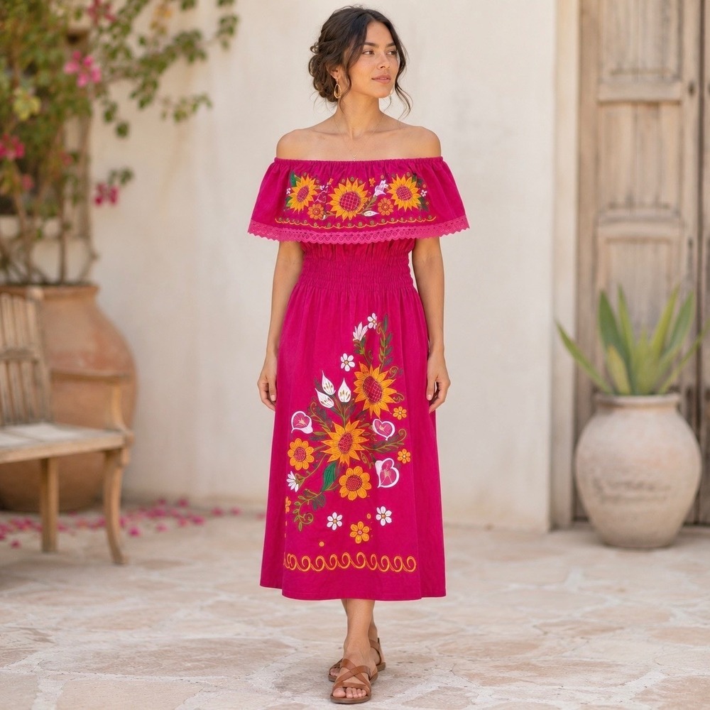 Mexican Campesina Midi Dress Sunflower Embroidery Off Shoulder Magenta Cotton L